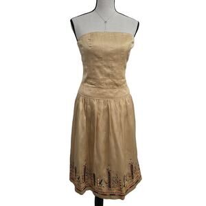 Women’s Y2K 100% Silk Strapless Mini Dress Size 8 Gold Embroidered Sequin Hem